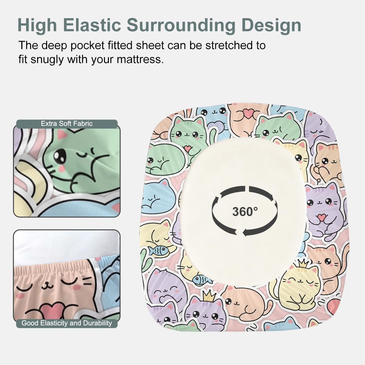 ARIGHTEX Cute Cat Fitted Sheet Set Twin Size, 3 Pieces Cozy Kawaii Bedding for Stress Relief Sleep, Pastel Cartoon Kitty Microfiber Deep Pocket Bed Sheets with 2 Pillowcases (No Flat Sheet)