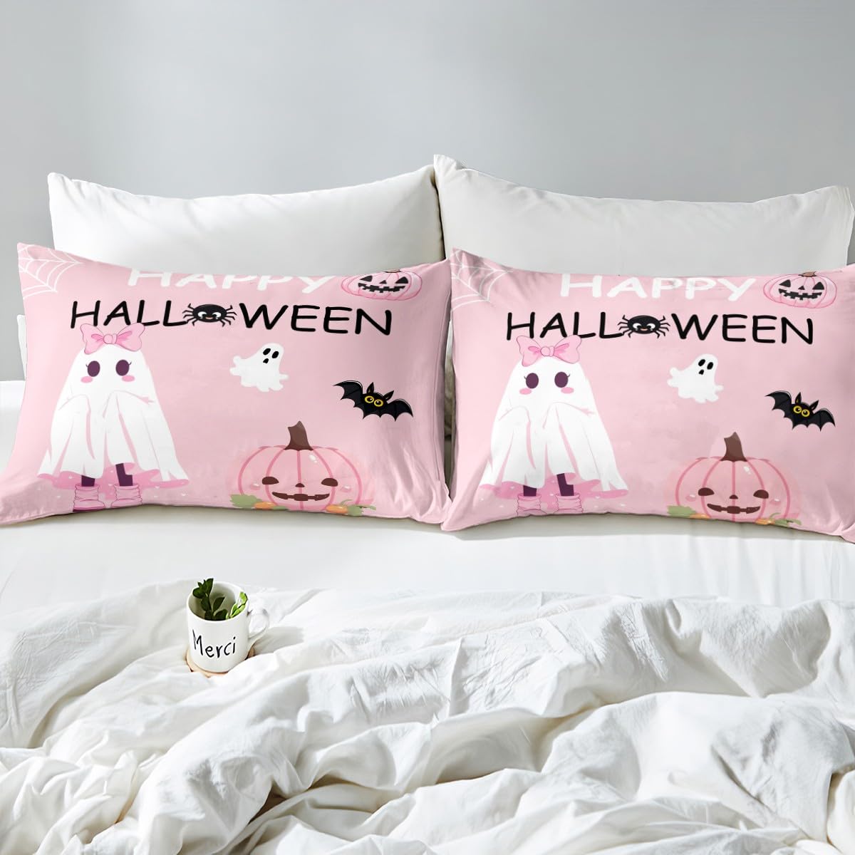 Pumpkin Bat Pink Fitted Sheet Set with 2 Pillowcase,Cartoon Ghost Microfiber Mattress Cover,Girly Halloween Bed Cover Queen Size(No Flat Sheet)