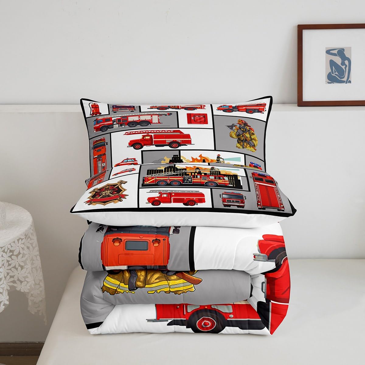 Homewish Boys Fire Truck Twin Size Comforter Set,Kids Firemen Decor All Season Bedding Set,Teens Fire Fighting Truck Comforter,Children Car Vehicle Print Decor Quilt Set Bedroom Collection 2Pcs
