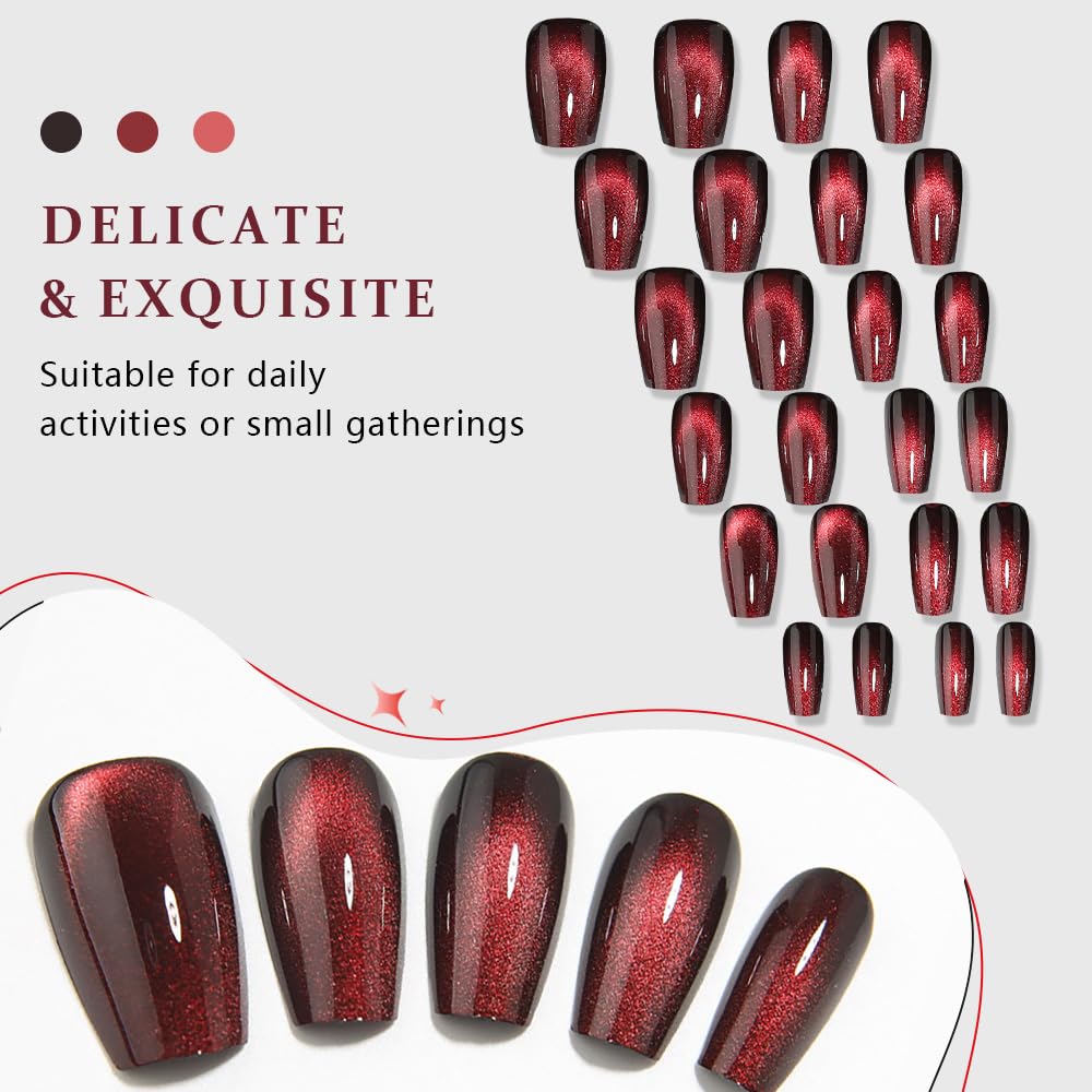evpct Deep Burgundy Red Cat Eye Press on Nails Square Medium Coffin No Glue, Medium Square Stick on Nails for Women, Dark Red Metallic Glitter Glossy Reusable Spring Summer Press on Acrylic Fake Nail