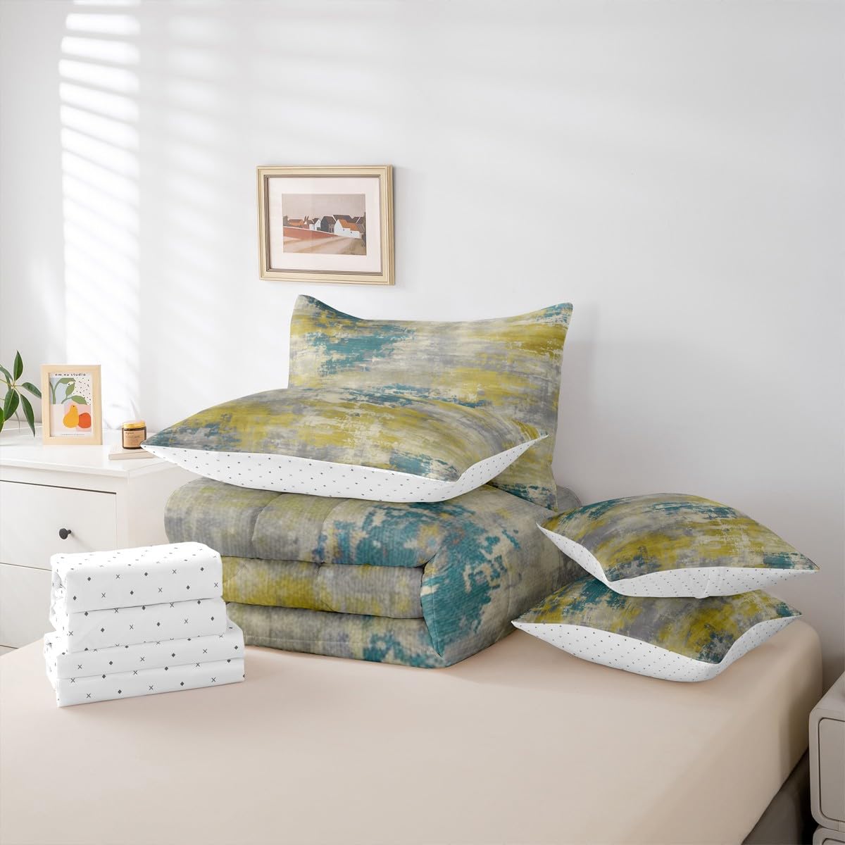Erosebridal Lime Green and Blue Watercolor Comforter Set 7 Pcs,Modern Abstract Bed in A Bag for Kids Teens Adult,Ombre Gradient Tie Dye Fitted Sheet,Grunge Aesthetic Quilt Set (Lime Green Blue,King)
