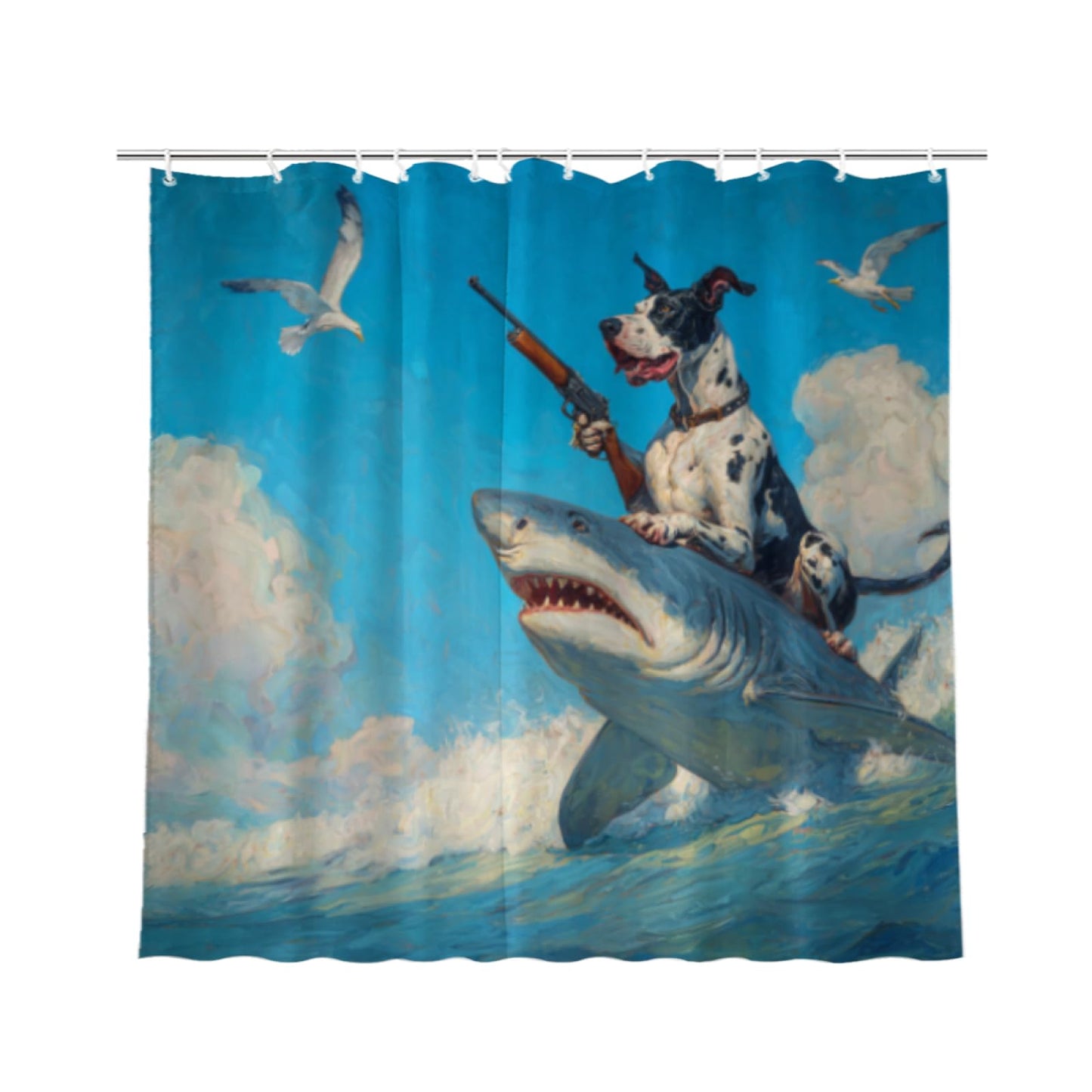 Wordatu Funny Great Dane Riding Shark Shower Curtain Ocean Sea Waves Seagull Animal Surfing for Kids Boy Men Waterproof Fabric Bathroom Decor 72x72 Inch with 12 Hooks
