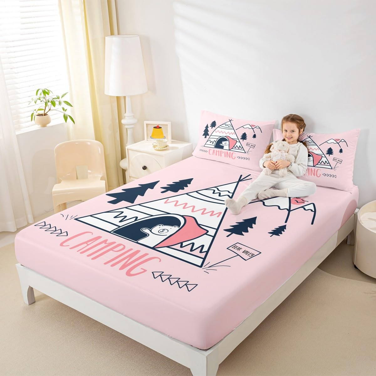 Happy Camping Campers Fitted Sheet Full, Tent Pines Bear Sketch Bedding Set, Happy Outdoors Natural Bed Cover 3 Pcs for Kids Teens Adults Room Decor,Rustic Pink Bed Sheet Set with 2 Pillowcases