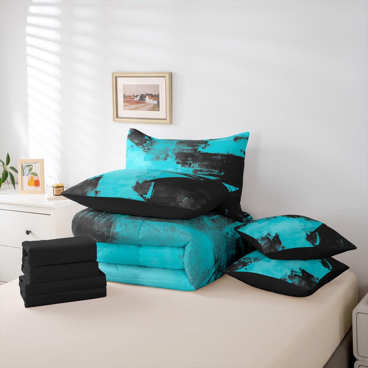 Feelyou Abstract King Comforter Set with Sheets for Kids Boys Girls Modern Abstract Art 7 Pieces Bedding Set Luxury Bed in a Bag Geometric Room Decor Lake Blue Soft Lightweight Microfiber