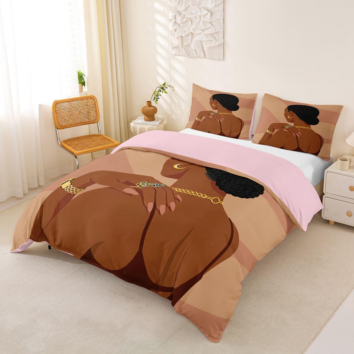 Erosebridal Fashion Black Woman Bedding Set Full Size 3 Piece Romantic Makeup Themed Girls Duvet Cover Fashionable Gorgeous Comforter Cover Vogue Afro Girls Bed Set for Kids Teens Adult Bedroom