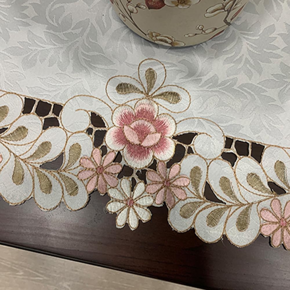 MULBESS Round Table Cloth Flower Embroidered Lace Tablecloth Wrinkle Free & Stain Resistant Fabric Tablecloths Table Cover for Kitchen Dinner (Round 60 inch)