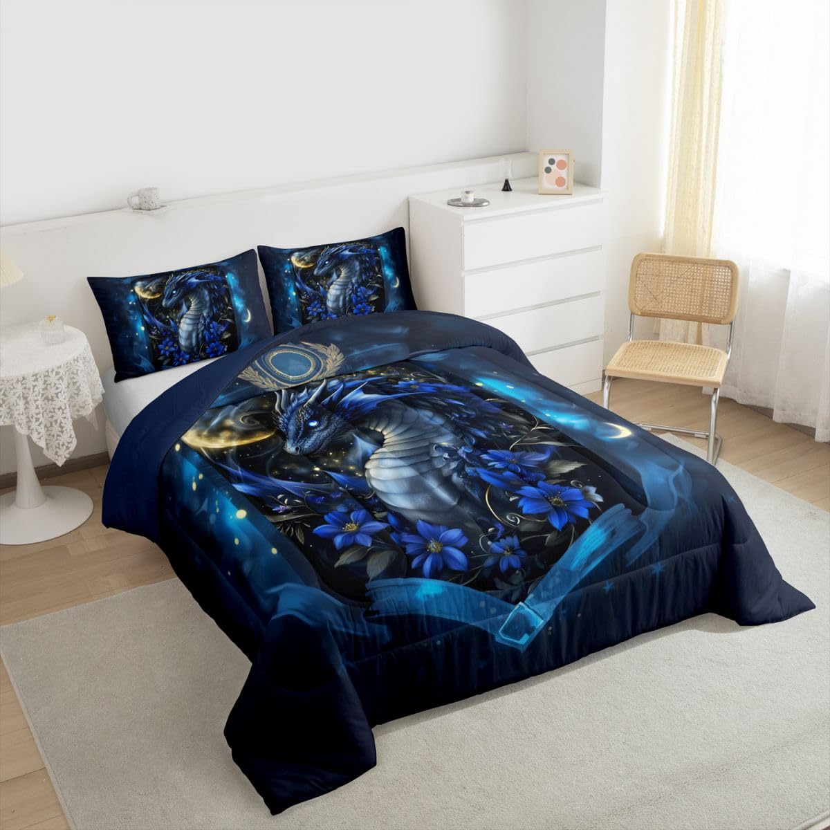 Feelyou Dragon Bedding Set Soft for Boys Girls, Wild Life Comforter Set Twin Size Jungle Dragon Duvet Quilt Microfiber Wild Animal Bedroom Decor Dull Blue 2 Pcs with 1 Pillow Cases