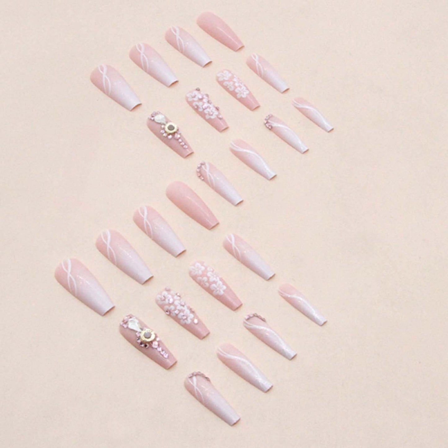 Gifiky Long Coffin False Nails Gradient Press on Nails Daisy Nails Tips Acrylic Crystal Gem Design Fake Nails for Women and Girls 24Pcs
