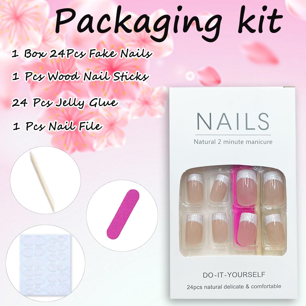 NEWSPIED 24Pcs French Tip Press On Nails Medium Square Glitter Acrylic Nails with White Gradient Design Glossy False Nails Reusable Nude Stick On Nails for Women Manicure Decor Supplies