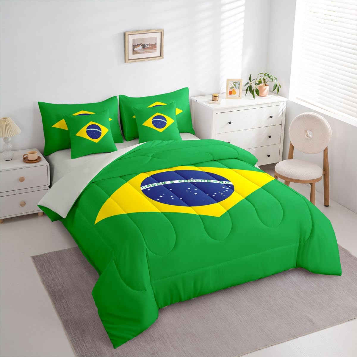 Feelyou Brazil Comforter Set King Size 7 Pieces Brazilian Flag Bedding Set for Kids Boys Girls World Countries Bed in a Bag with Sheets Bedroom Decor All Season Quilted Breathable Soft Lightweight