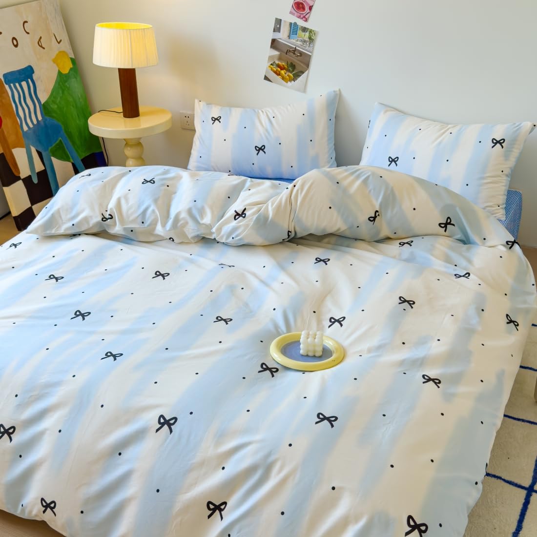 LIWHENHAO Bowknot Duvet Cover Set Queen 100% Cotton Bedding Black Bowknot Polka Dot on Blue White 1 Abstract Striped Comforter Cover Full Zipper Closure 2 Pillowcases for Kids Girls Boys Woman