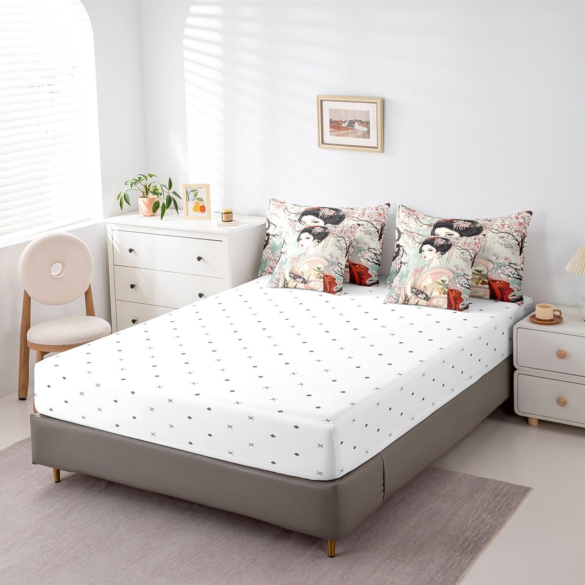 Feelyou Japanese Geisha Girl Comforter Set Twin Size 7 Pieces Cherry Blossoms Bedding Set Japanese Style Japanese Tradition Aesthetic Bed in a Bag with Comforter, Sheets, Pillowcases & Cushion Cover