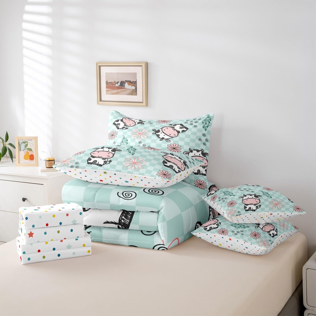 Erosebridal Kids Cartoon Cow Queen Comforter Set with Sheets | Lovely Animal 7 Piece Bedding Set Cute Pet Bed in a Bag, Buffalo Checked Backdrop Abstract Flowers Room Decor