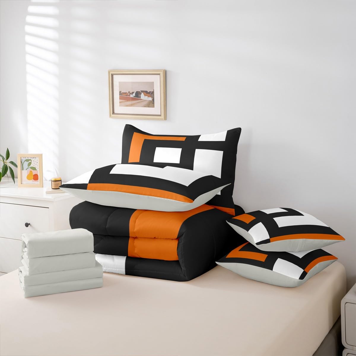 Erosebridal Blue Black and White Striped King 7-Piece Bedding Set for Adult Women Men Square Abstract Comforter Set Modern Geometric Stripes Bold Lines Bed in a Bag Plaids Bed Collections