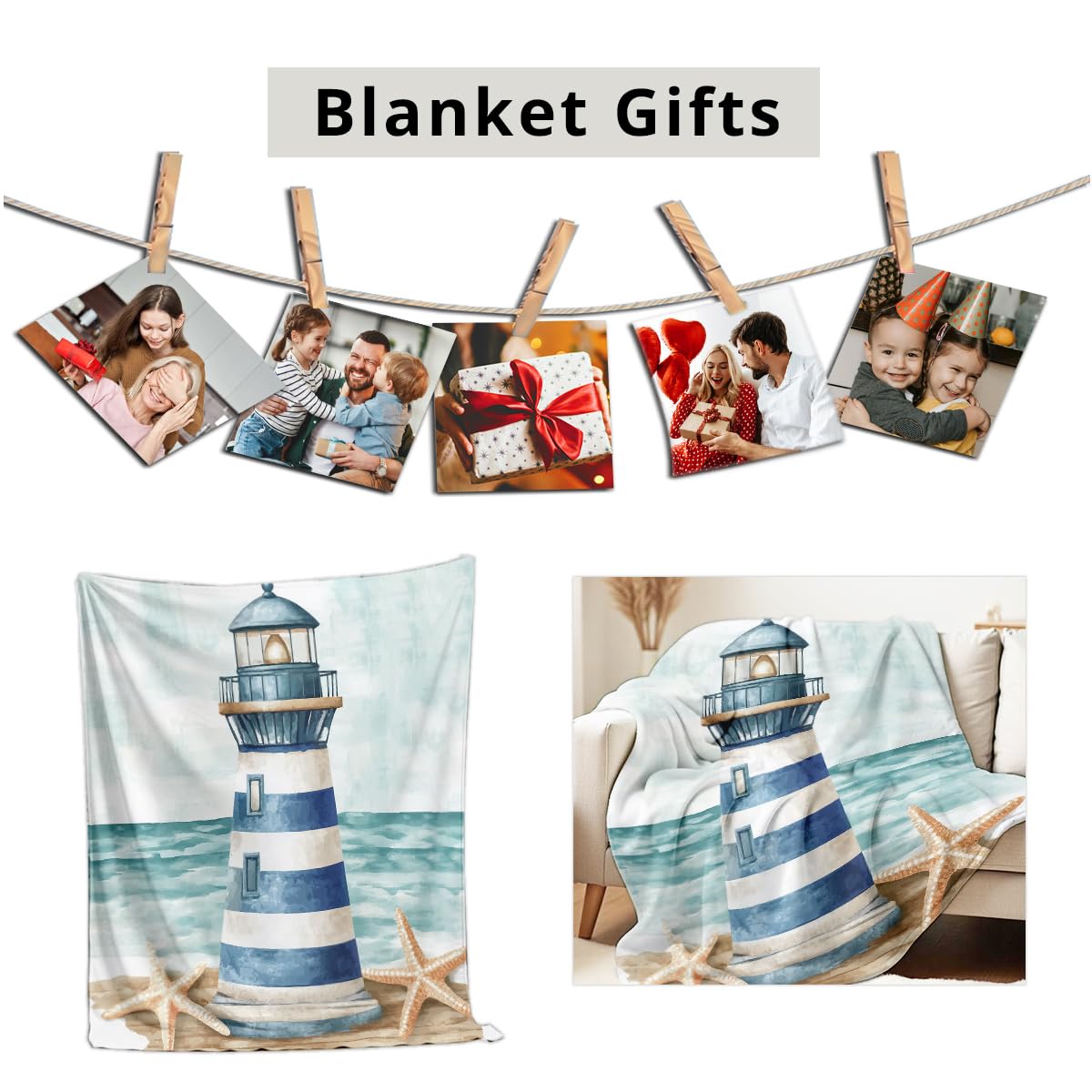 HUNXIAOJ Lighthouse Print Throw Blanket Coastal Flannel Blanket for Couch Bed Nautical Lighthouse Throw Soft Bedding Beach Bedroom Decor Gifts (49"x59")