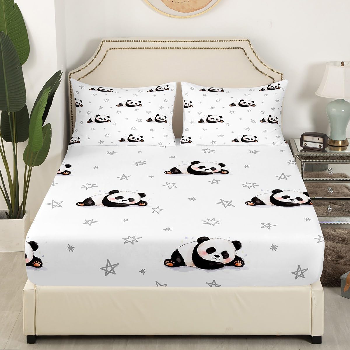 Feelyou Cartton Panda Sheet Set Kids Cute Animal Sheets with Deep Pocket Fitted Sheet for Boys Girls Kawaii Panda Bed Sheets Set Panda Bear Printed Black White Bedding Set Quilt Cover Full