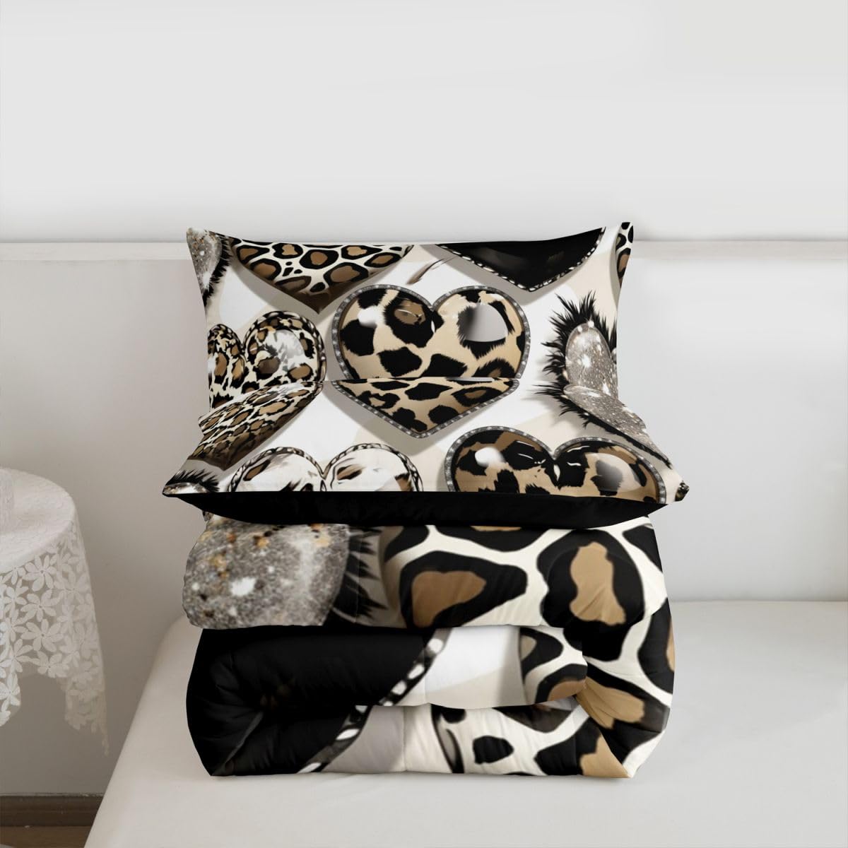 Erosebridal Abstract Geometric Kids Comforter Sets Leopard Love Heart Pattern King Bedding Set for Boys Girls Animal Cheetah Print Comforter Set,Fashion Glamorous Quilt Duvet 3 Pcs