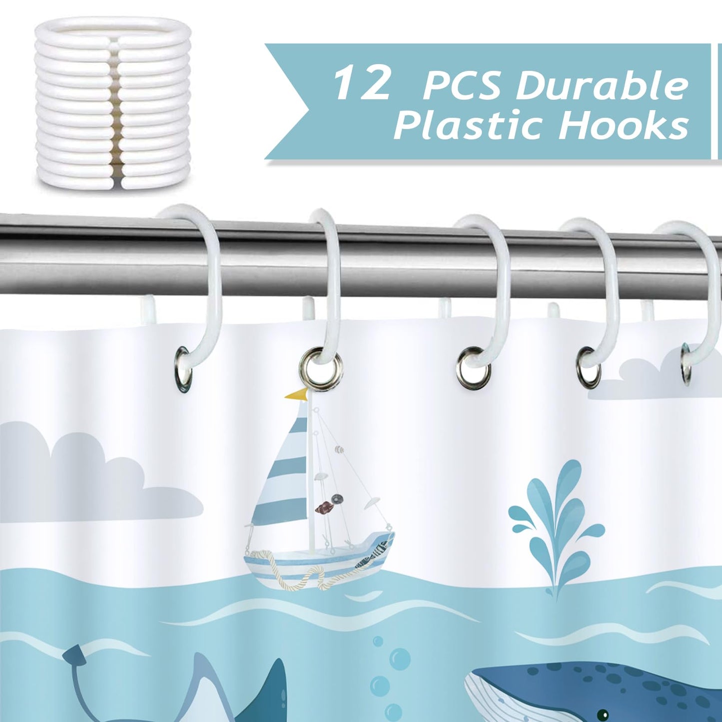 Bonhause Kids Whale Shower Curtain, Cute Ocean Fish Coral Under The Sea Bathroom Curtain 72x72 Inch Polyester Fabric Waterproof Bath Curtain with 12 Hooks