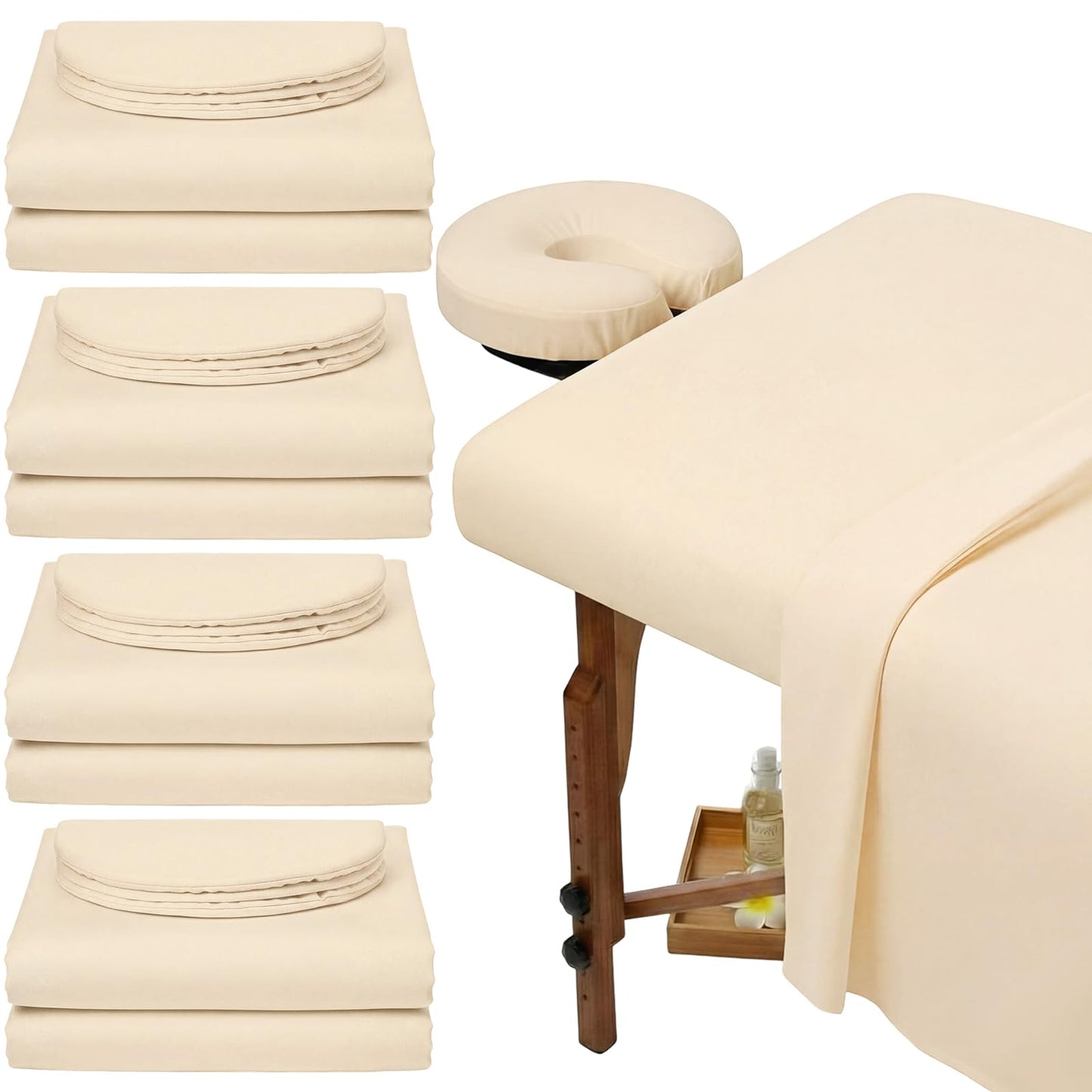 Oudain 4 Sets 3 Piece Soft Microfiber Massage Table Sheets Set Bulk Includes Massage Flat Sheet and Fitted Sheet and Face Rest Cover(Beige)