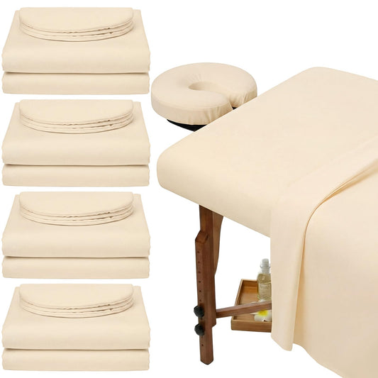 Oudain 4 Sets 3 Piece Soft Microfiber Massage Table Sheets Set Bulk Includes Massage Flat Sheet and Fitted Sheet and Face Rest Cover(Beige)