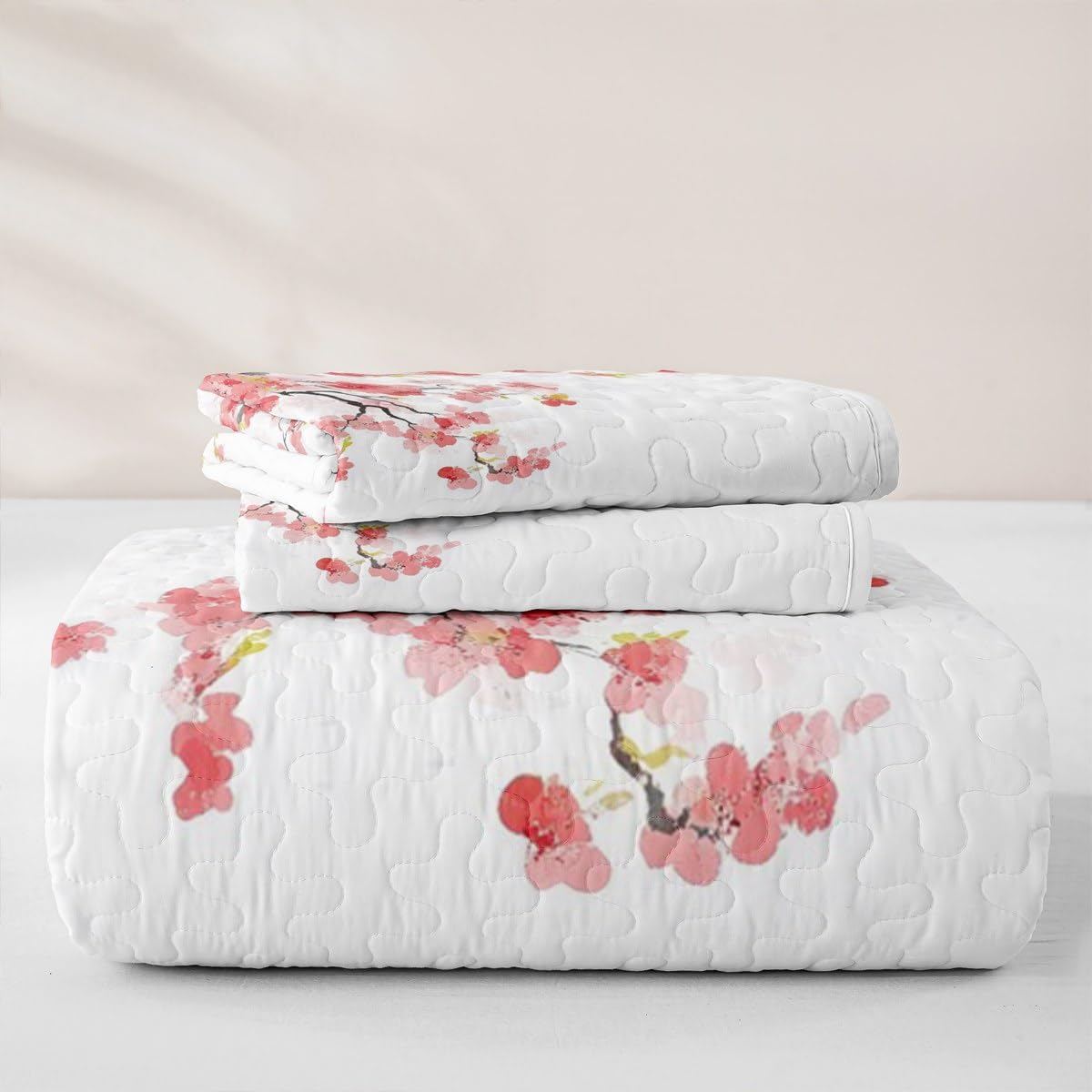 Erosebridal Cherry Blossoms Quilt Japanese Style Quilt Set Queen Pink Flowers Bedding Coverlet Branches Plant Floral Bedspread