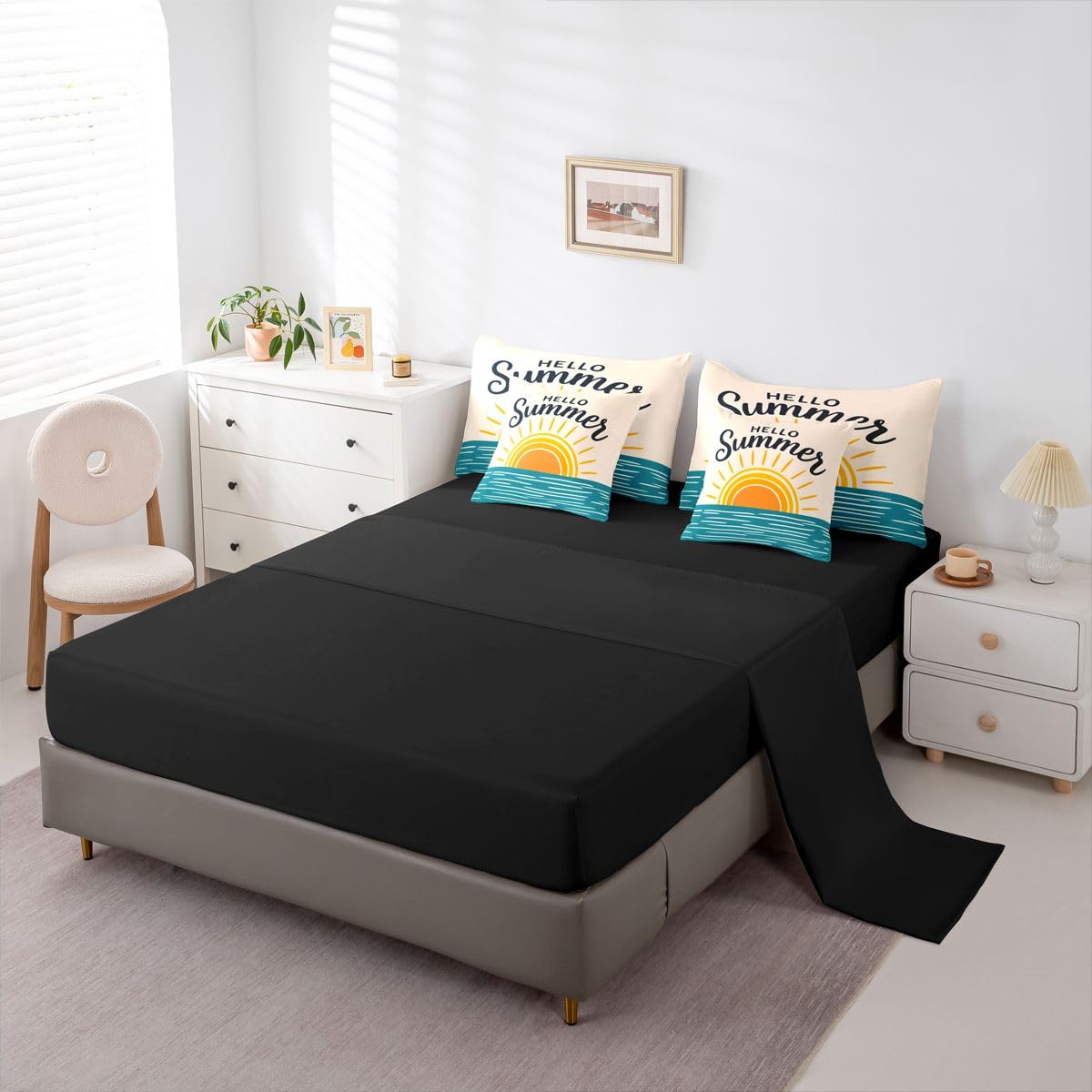 Erosebridal Sunrise Ocean Queen Bedding Set Coastal Minimalist Art Comforter Set with Flat and Fitted Sheet Kids Teens Modern Watercolor 7-Piece Bed in a Bag Beach Hello Summer Quilt Sets