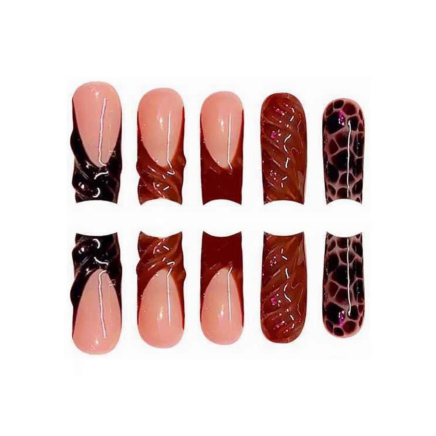 MISUD Press on Nails - Long Square Fake Nails with Red Black French Tip, Acrylic Tortoise Design 24 pcs