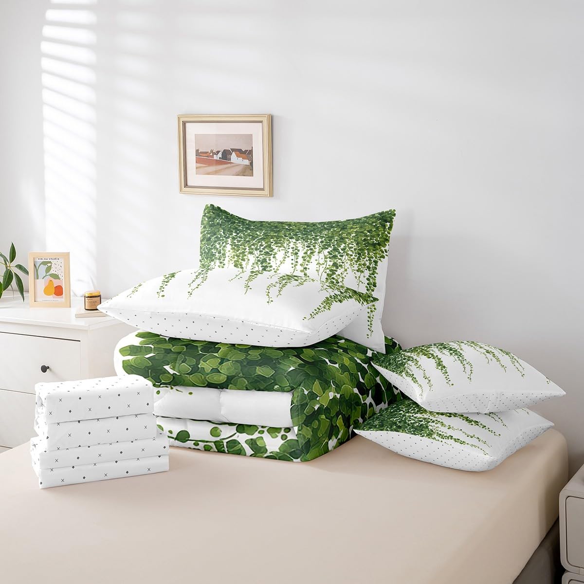 jejeloiu Leaves Comforter Set 7 Pieces Full Size Kids Botanical Garden Bed in a Bag for Boys Girls Nature Bedding Set Spring,Comforter + Sheets + Pillowcases + Cushion Covers