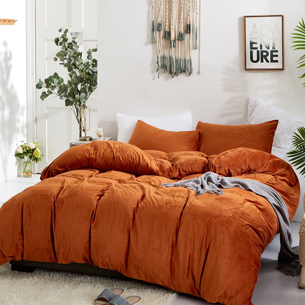 CLOTHKNOW Burnt Orange Velvet Duvet Cover Set Queen Fluffy Bedding Sets Flannel Bedding Duvet Cover Rust Comforter Cover Sets Queen