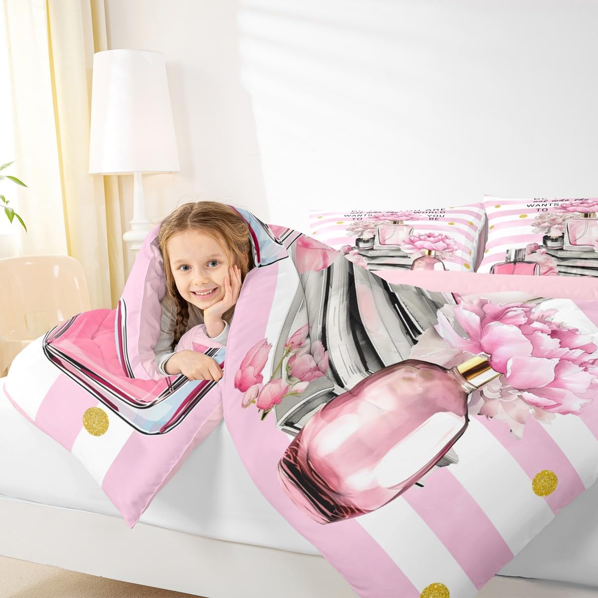 Erosebridal Girly Fashion Comforter King Size Girls Pink and White Striped Bedding Set for Kids Teens Women Modern Pretty Aesthetic Duvet Insert Coquette Fantasy Perfume Boho Trendy Quilt Set