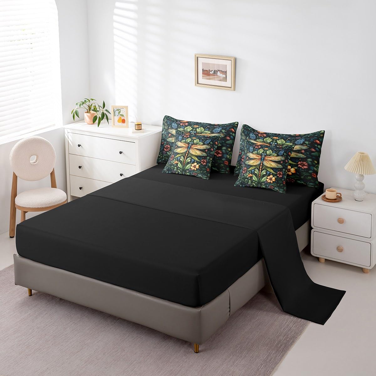 Erosebridal Dragonfly Bedding Set for Kids Teens,Flying Dragonflies Comforter Set King Size,Floral Leaves (Comforter+Fitted+Flat Sheet+2 Pillowcases+2 Throw Pillow Covers) 7 Pieces Bed Set