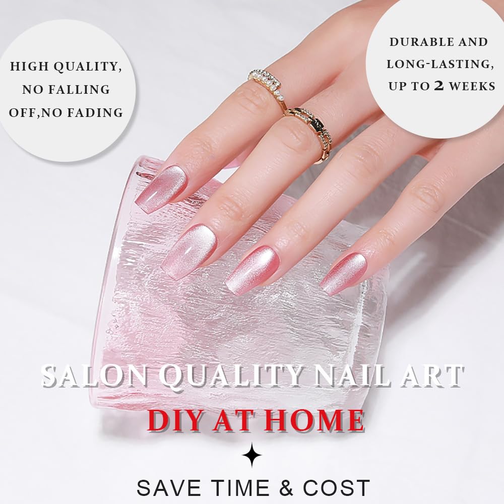 evpct Pink Cat Eye Press on Nails Square Medium Coffin No Glue, Medium Square Stick on Nails for Women, Plum Pink Metallic Glitter Glossy Reusable Spring Summer Press on Acrylic Fake Nail with Design