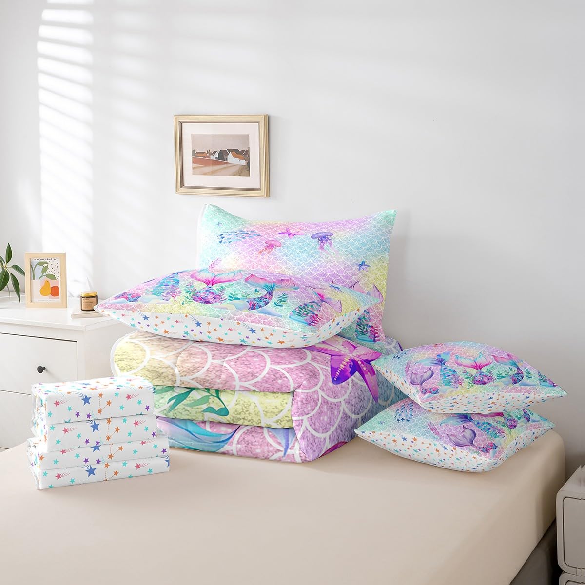 jejeloiu Mermaid Comforter Set with Sheets Queen Size Kids Sparkle Fish Scales 7 Pieces Bedding Set for Boys Girls Teens Ombre Ocean Marine Bed in a Bag Breathable Princess Decor Bedroom Decor