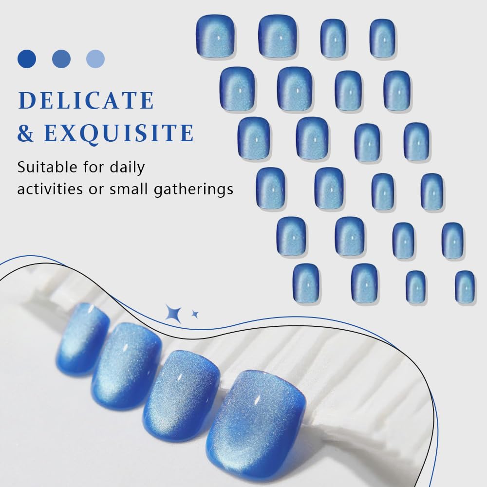 evpct Blue Cat Eye Extra Short Press on Nails Square No Glue, Petite Short Square Stick on Nails for Women, Light Sky Blue Metallic Glitter Glossy Reusable Press on Acrylic Fake Nail with Designs