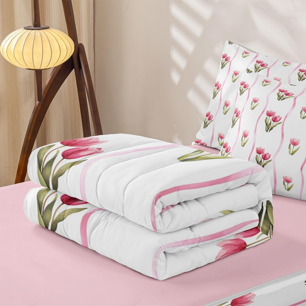 Feelyou Flroal Comforter Set Sizetulip Flowers Zipper Bedding Queen Spring Blossom Boys Girls Bed in A Bagbotanical Bed Sheet Sets with Fitted Sheet Pillowcases for Bedroom Decorpink White Green
