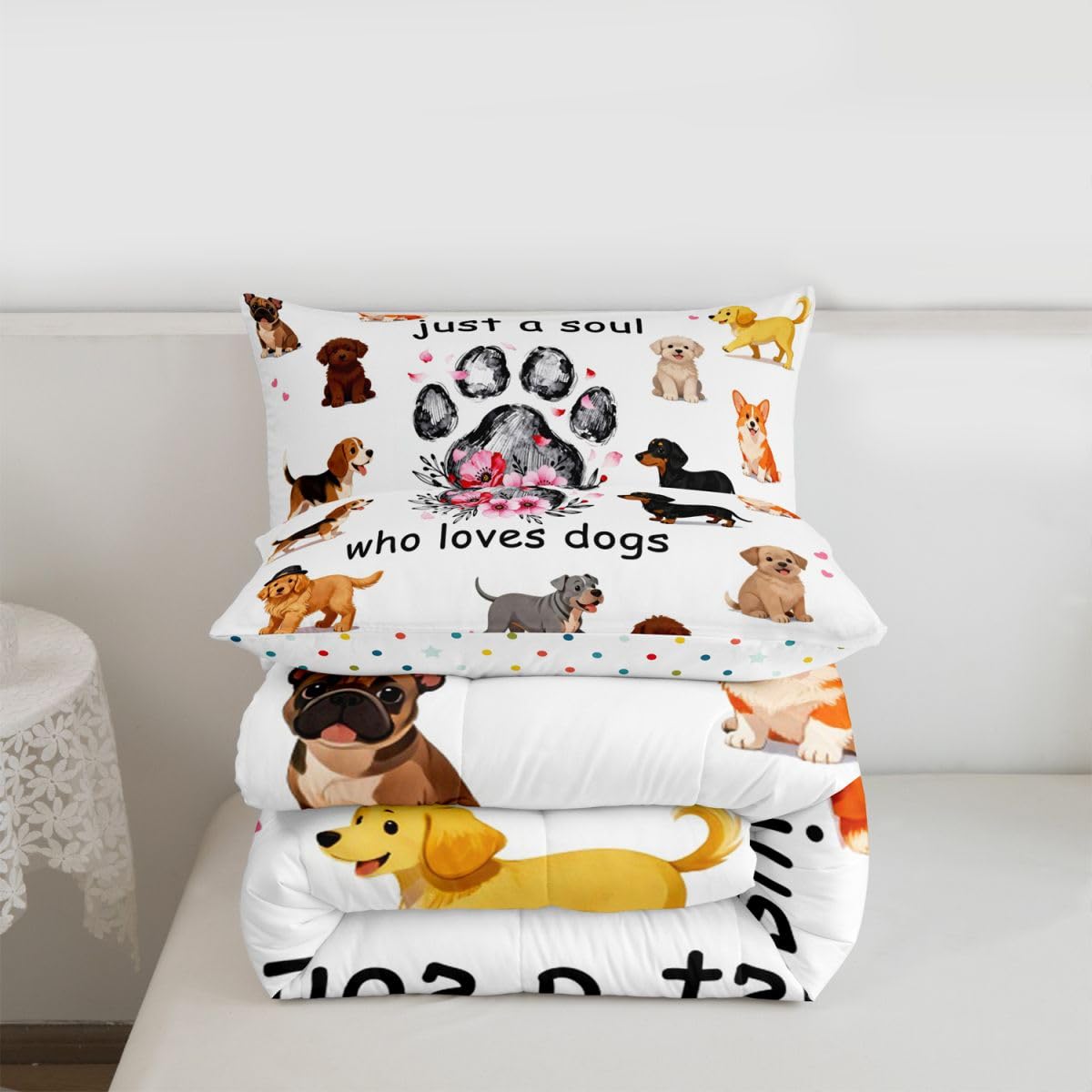 jejeloiu Dogs Bedding Set Soft for Boys Girls, Puppy Dog Comforter Set Toddler Size Cute Animals Duvet Quilt Microfiber Bedroom Decor 2 Pcs with 1 Pillow Cases