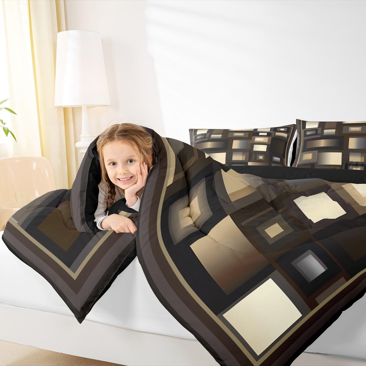Castle Fairy Modern Comforter Set Queen Size,Brown White Khaki Square Bedding Set for Kids Boys Girls Bedroom Decoration,Abstract Grid Art Bed Duvet Insert,Geometric Comforter with 2 Pillowcase
