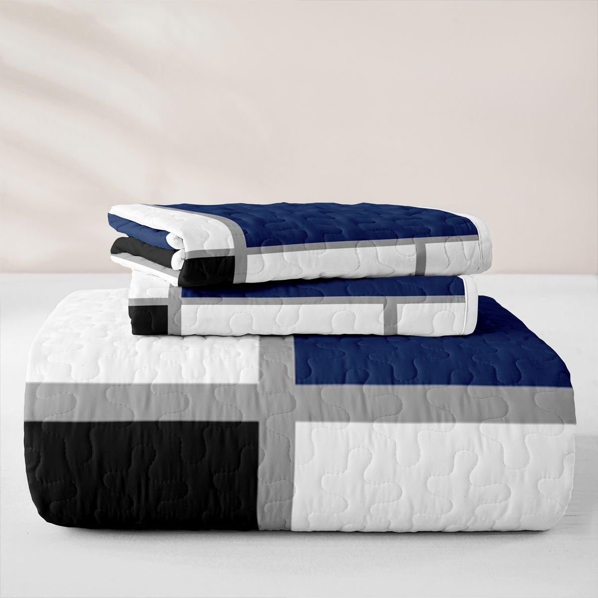 Erosebridal Geometric Quilt Twin for Adults Teens Black and White Abstract Quilt Set Navy Blue Striped Grid Coverlet for Minimalist Modern Art Patchwork Quilted Bedspread with 1 Pillowcase