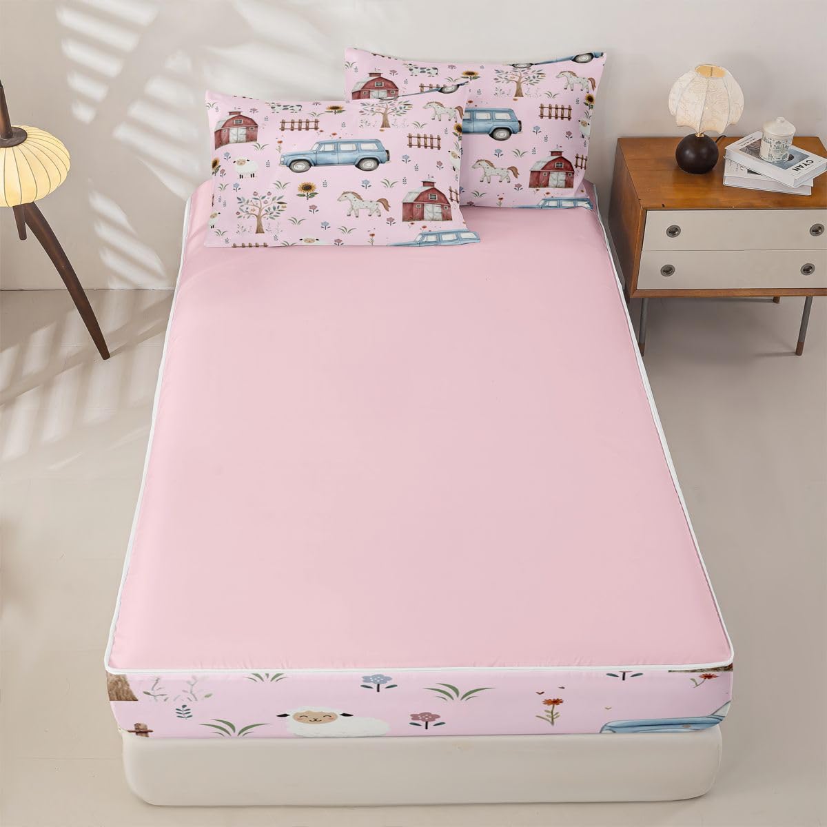 Erosebridal Farm Animal Kids Zipper Bedding Set Twin Cartoon Tractor Zip Up Comforter Set with Sheets Rustic Barn Door Bed in a Bag Farmhouse Horse Sheep Cow Cartoon Animals Sunflower Floral Bed Sets