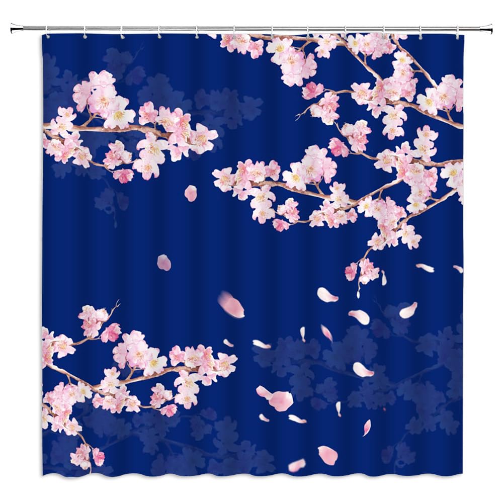 YSSFAV Cherry Blossom Shower Curtain Asian Japanese Chinese Plum Floral Aesthetic Navy Blue Bathroom Decor Curtains Set with Hooks, 70" W x 70" H