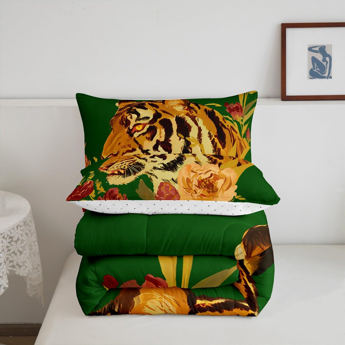 Erosebridal Tiger Comforter Set Twin Size Modern Flowers Bedding Set for Kids Girls BoysGreen Red Romantic Roses Comforter Wild Animals Plants Quilt Bedroom Decor