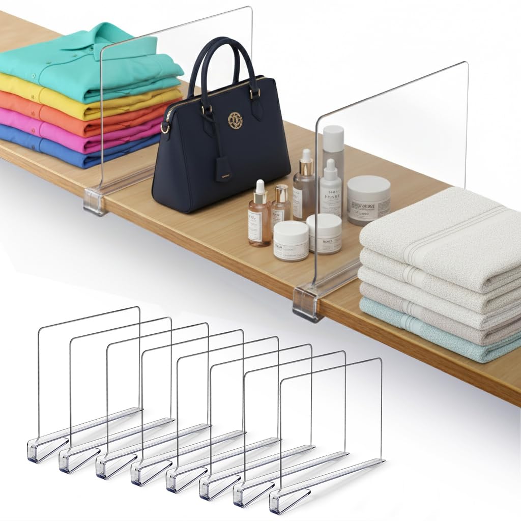 8 Pack Acrylic Shelf Dividers for Closet 11x7.9 Inch – Acrylic Dividers for Shelves Clear Closet Shelf Separators for Purses, Clothes Storage – Vertical Bookshelf Dividers for Bedroom & Kitchen