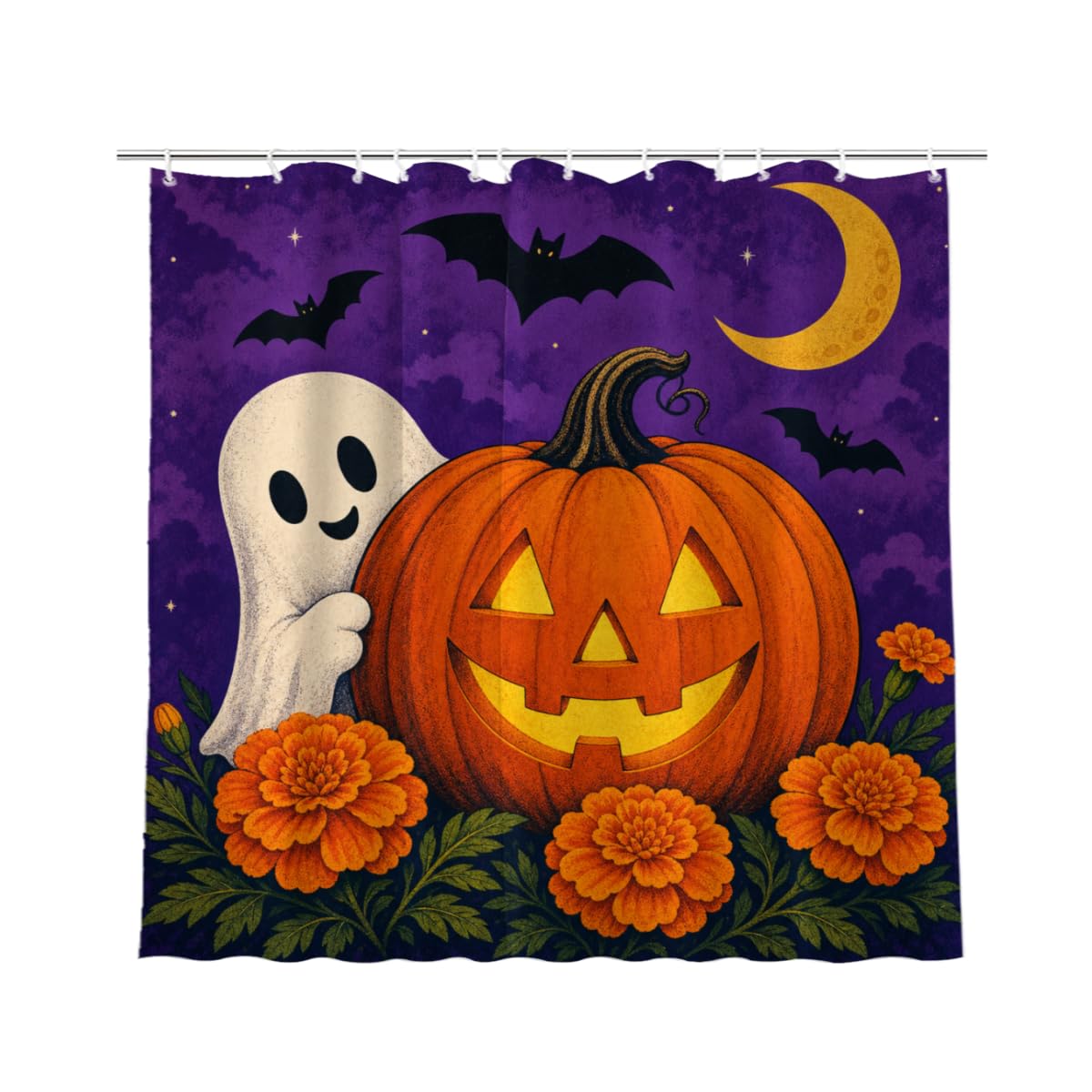 TopPacific Halloween Ghost Pumpkin Shower Curtain 72x72 Inch Shower Curtain with 12 Hooks Polyester Ghost Jack O Lantern Bats Crescent Moon Purple Background Bathroom Decor