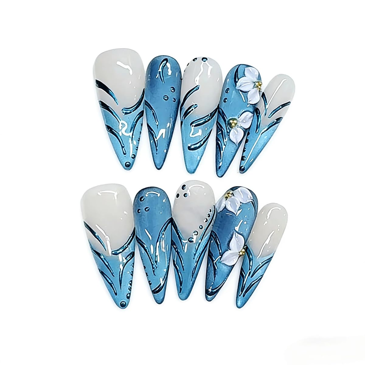 Handmade Press on Nails Long Stiletto False Nails Blue Cat's Eye Fake Nails with 3D Flower Designs Sparkly Charm luxury Artificial Nails for Women (Size M）10pcs