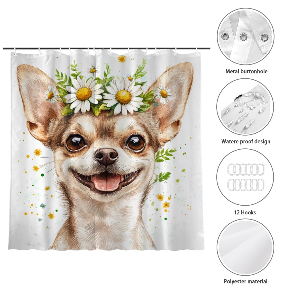 NGZ White Daisy Floral Shower Curtain Chihuahua Shower Curtain Farmhouse Flower Spring Rustic Blossom Fabric Bathroom Decor Set with Hooks（72Wx72H）