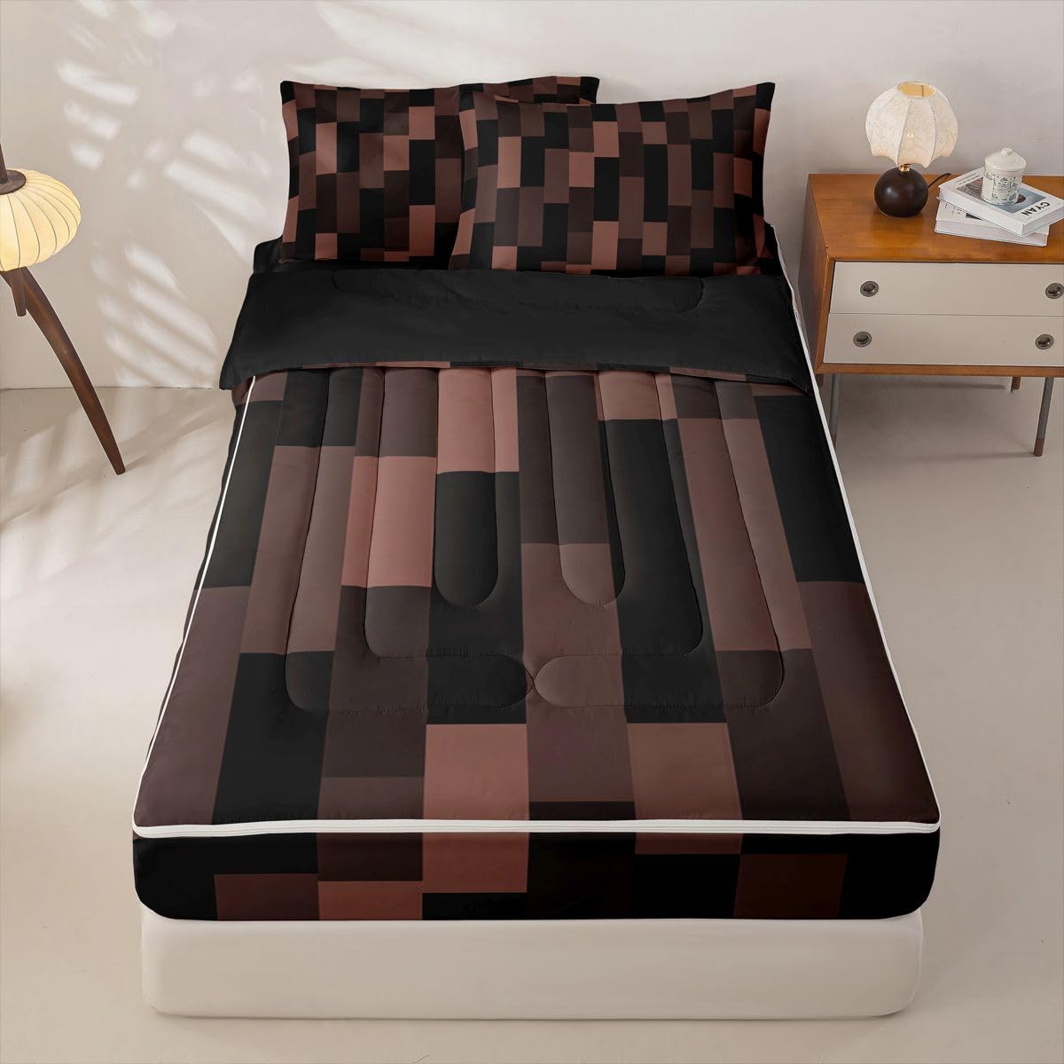 jejeloiu Black Brown Zipper Bedding Full Abstract Geometric Bedding Sets for Kids Boys Girls Modern Art Comforter Set with Fitted Sheet 2 Pillowcases One Zipper Bed Set for All Seasons