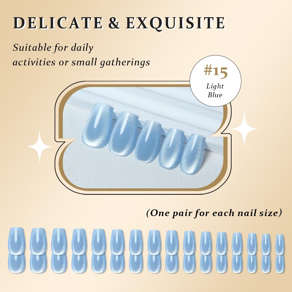 evpct Light Blue Cat Eye Coffin Press on Nails Medium Square No Glue, Medium Square Stick on Nail for Women, Light Blue Metallic Glitter Glossy Reusable Summer Soft Press on Acrylic Nail with Designs