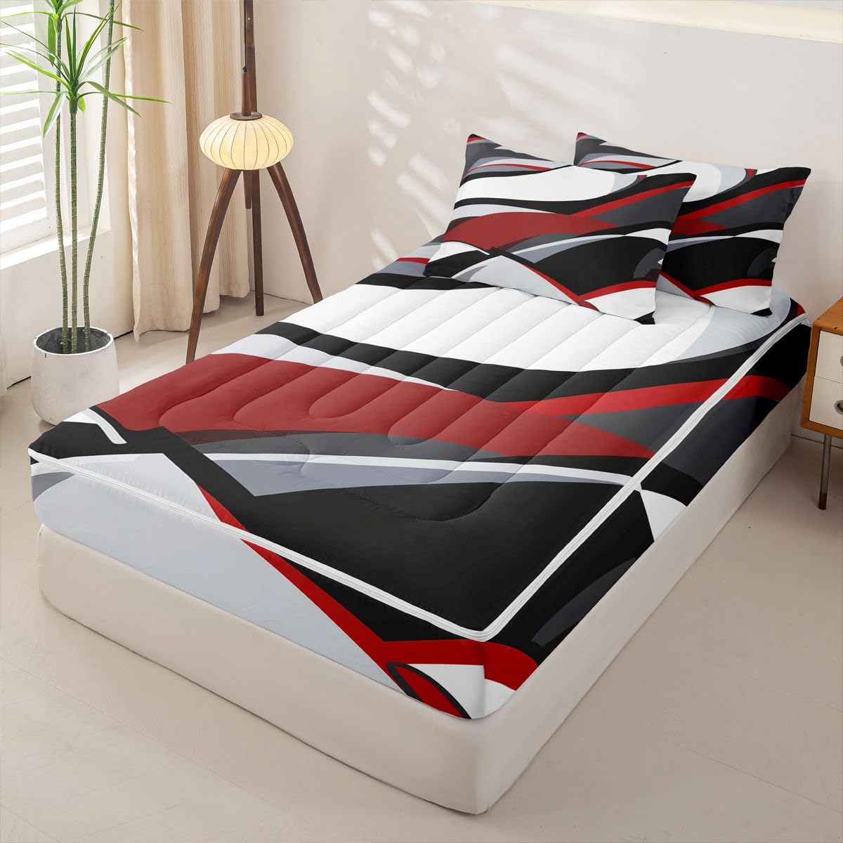 Abstract Geometric Striped Zip Up Bedding Set Full Watercolor Graffiti Geometric Comforter Set With Sheets Red Black Grey White Bed In A Bag,Brush Strokes Graffiti bed sets With 2 Pillowcases
