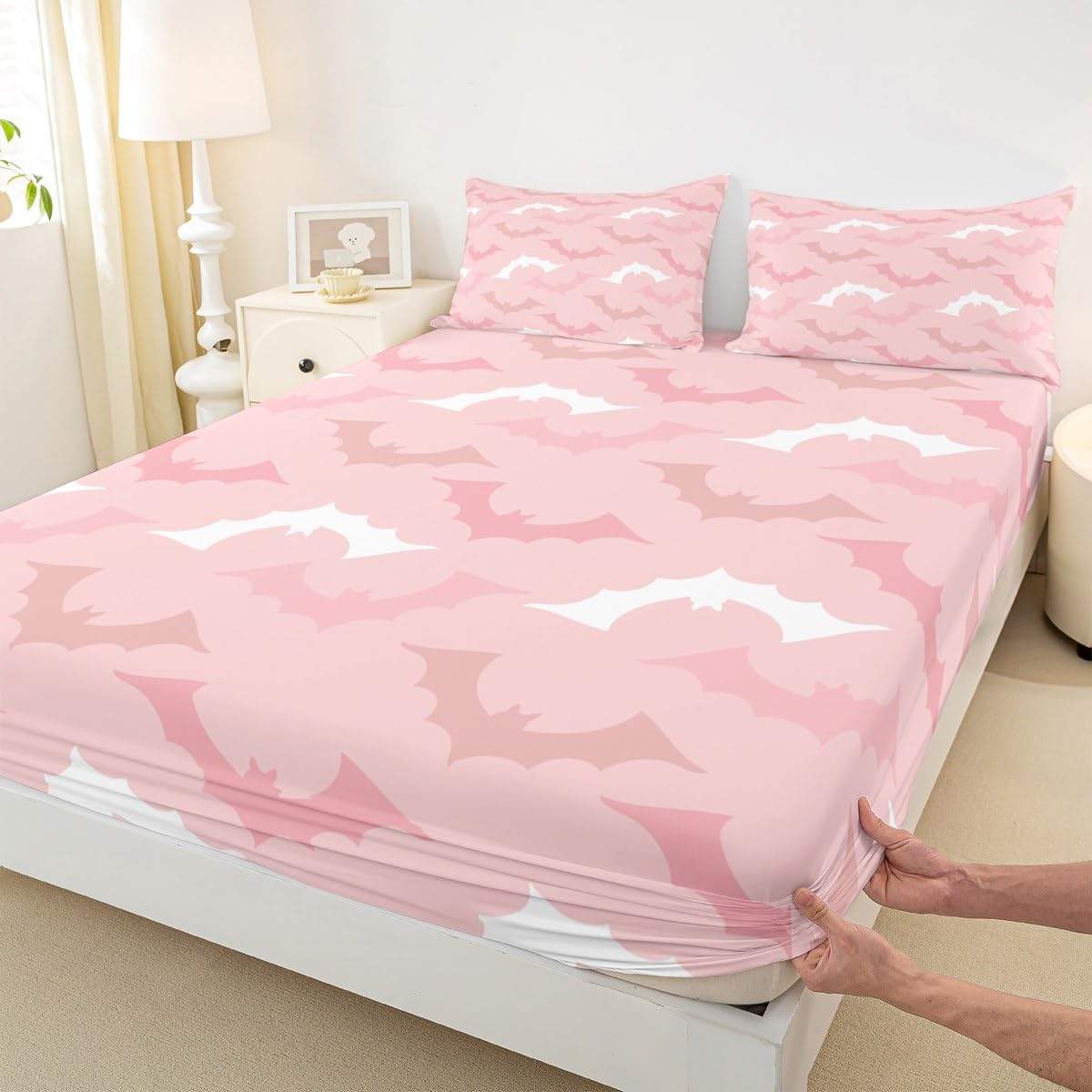 Happy Halloween Theme Kids Sheet Full Size,Cartoon Bats Silhouettes Bedding Set,Boys Girls Adults Room Decor,Gothic Bats Cute Pink Romantic Bed Sheet Set 4pcs(Fitted + Flat + 2 Pillowcases)