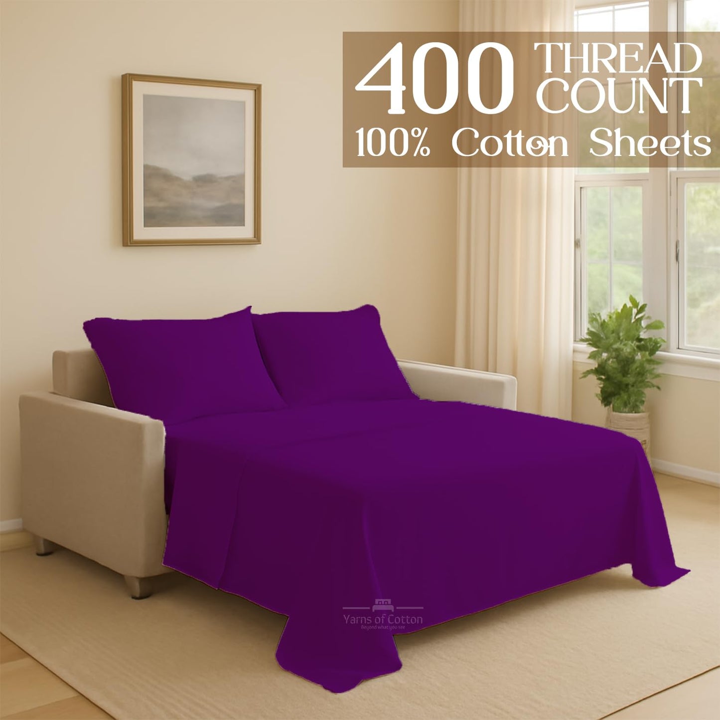 Sleeper Sofa Bed Sheet, 100% Cotton 400 Thread Count, 4 Piece Set, Deep Pocket Fitted Sheet, Soft Wrinkle Free & Breathable, Luxury Hotel Quality, Fits Up to 6 Inch Mattress (Full, Purple)